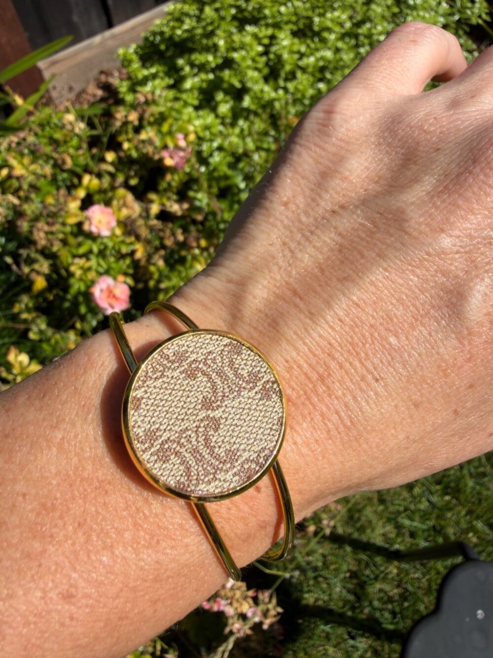 Upcycled Celine Macadam Canvas Gold Adjustable Cuff Bracelet